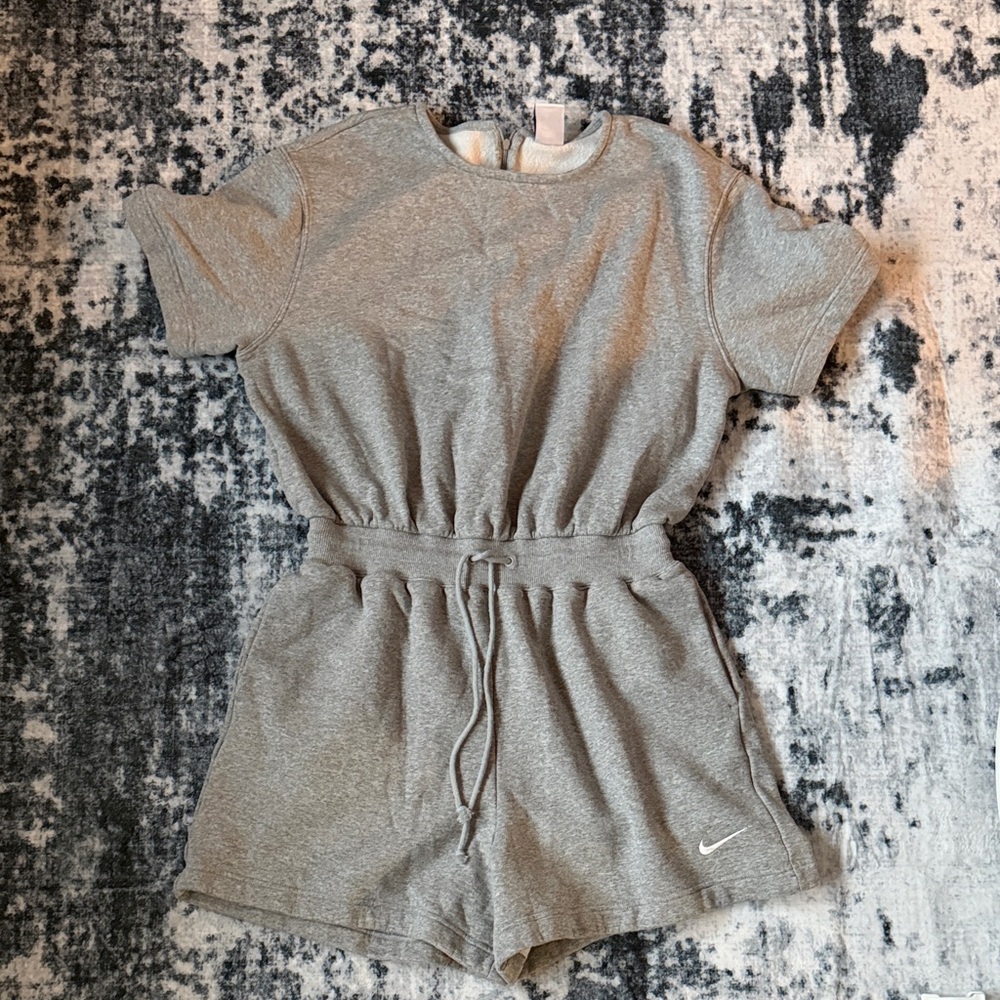 Nike Heather Gray Fleece-Line Short Romper with Drawstring | Sz L